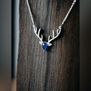 Silver Blue Jade Deer Head Necklace